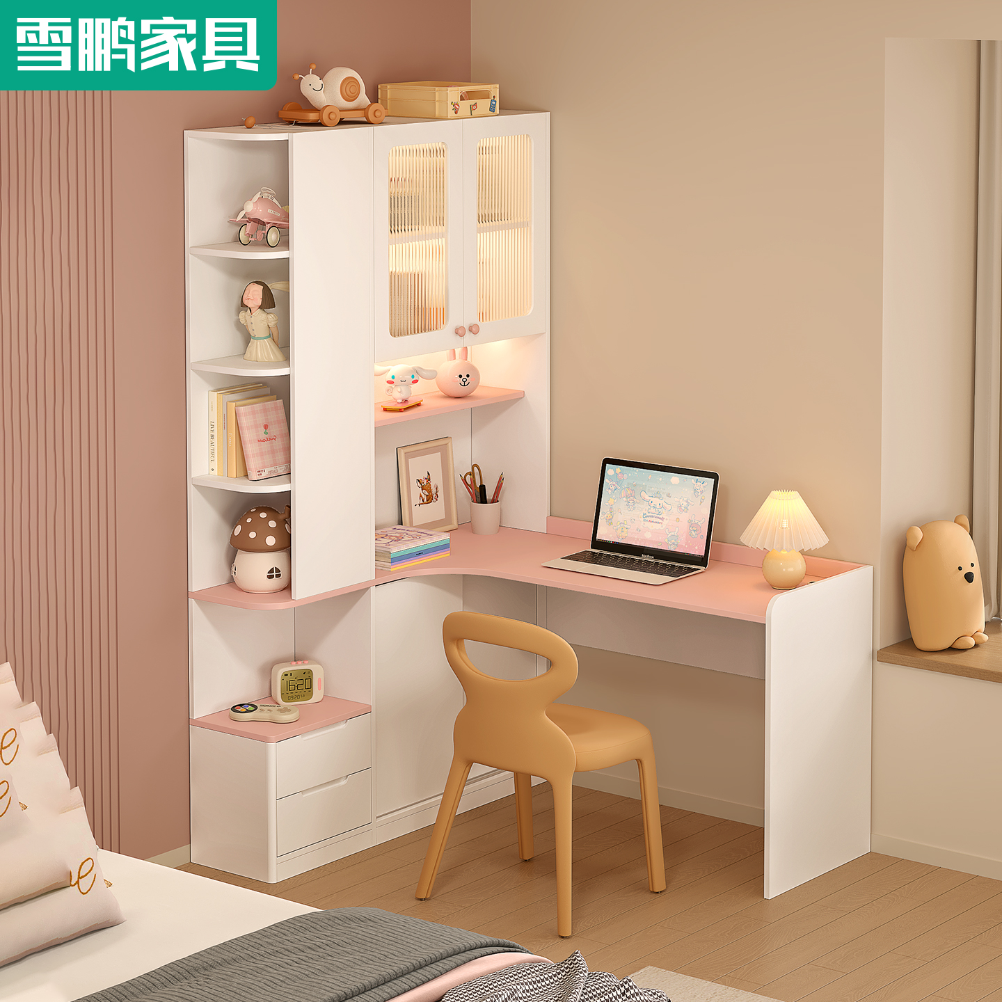 奶油风女生卧室转角书桌