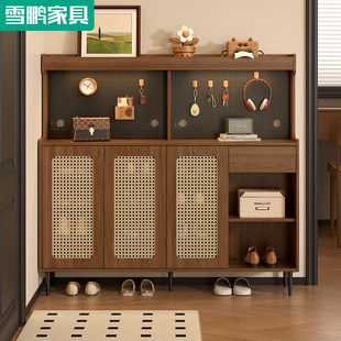 中古风仿藤编鞋柜洞洞板置物架入户玄关柜储物柜实木多层5N100