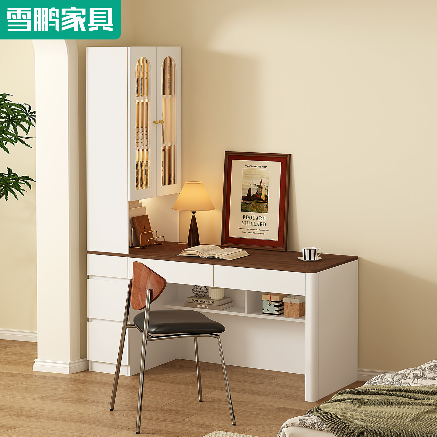 家用电脑桌写字桌子实木书桌书柜一体写字台卧室长桌书架5FL70