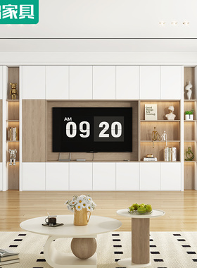 奶油风客厅家用电视柜一体组合整墙柜靠墙收纳储物书柜定制6D106