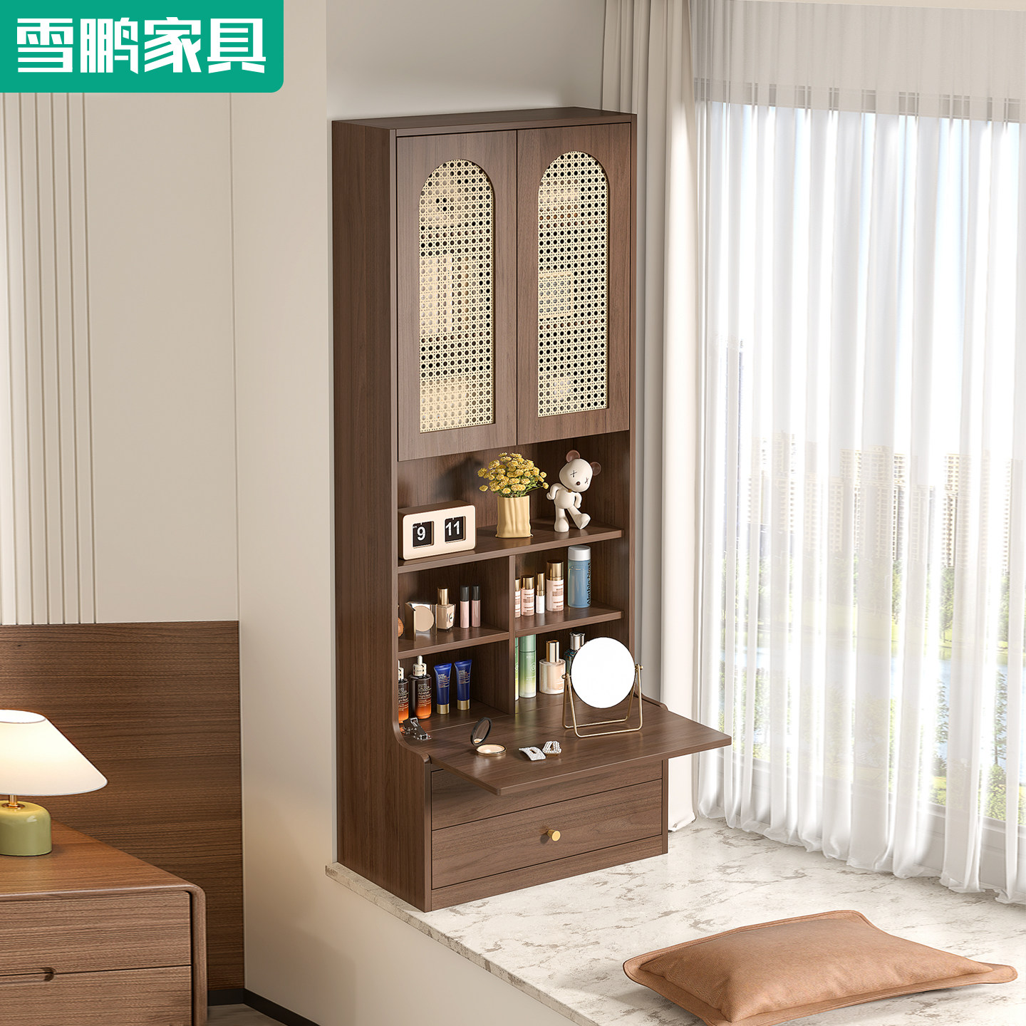 飘窗梳妆台储物柜卧室实木化妆桌中古风飘窗柜窗台改造神器6Y24