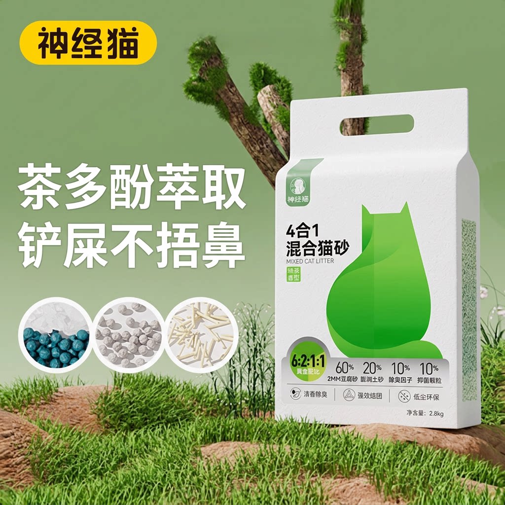 神经猫猫砂豆腐猫砂猫咪猫沙纯豆腐砂无尘绿茶混合家用正品旗舰店