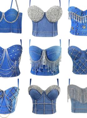 牛仔钉珠抹胸塑身表演服2023夏新品短款露脐吊带背心女团舞蹈服
