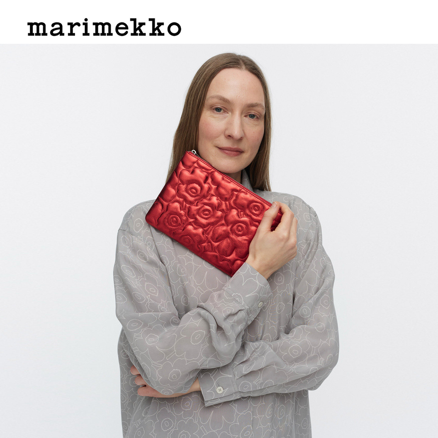 Marimekko【Unikko游霓可印花】新年亮红色手拿包