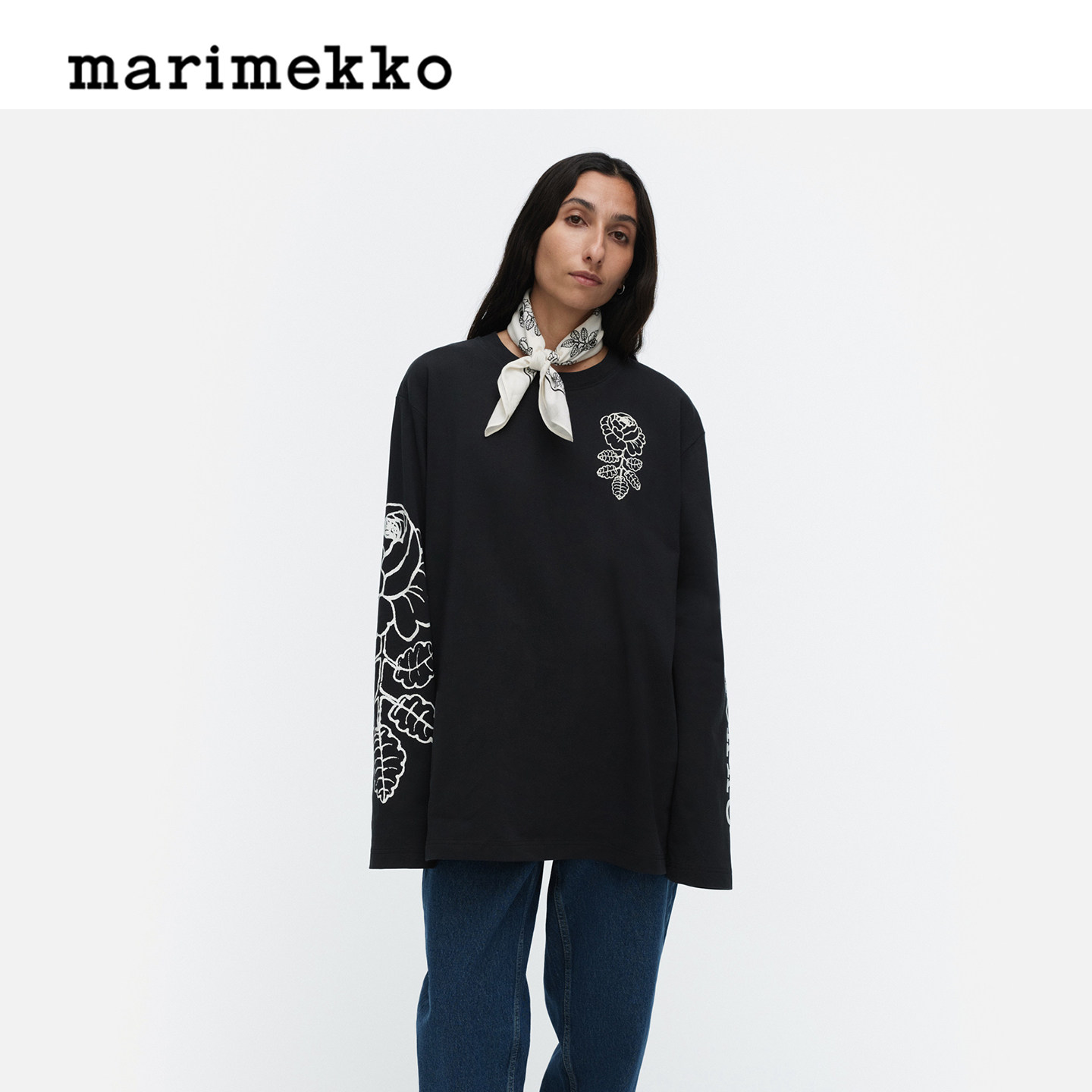 Marimekko玛莉美歌婚礼玫瑰印花长袖圆领T恤