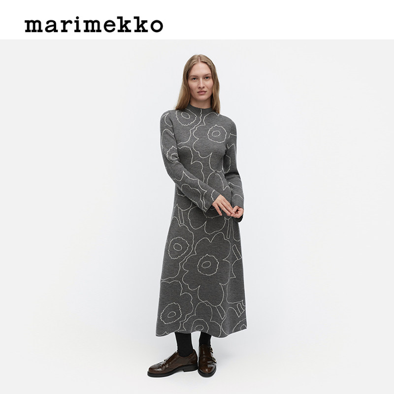 Marimekko【Unikko游霓可印花】女士长袖修身气质连衣裙