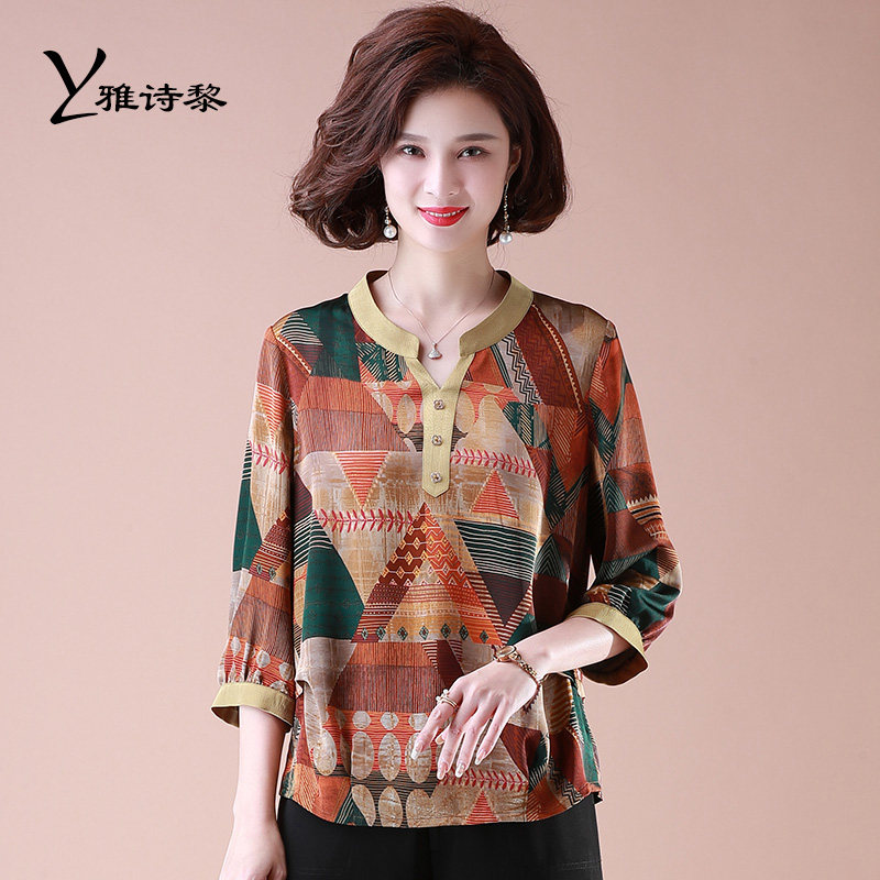 中老年女装中年妈妈夏装上衣宽松香云纱中袖七分袖t恤桑蚕丝衬衫