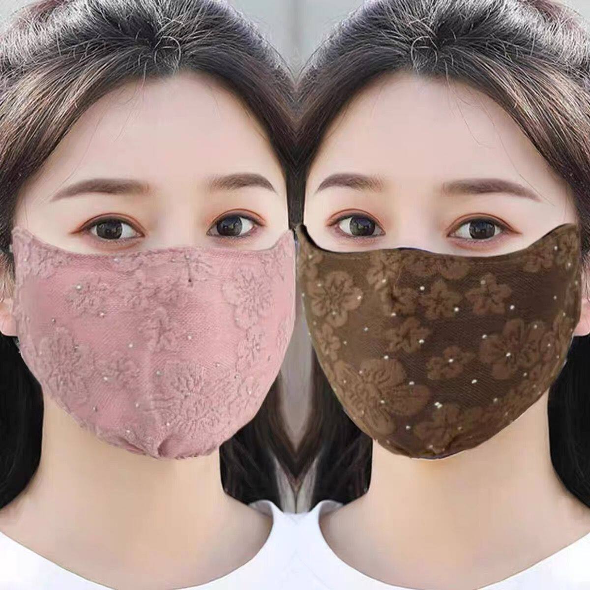 棉口罩女款秋冬保暖加棉碎花亮钻口罩女高颜值开口透气防寒加厚防