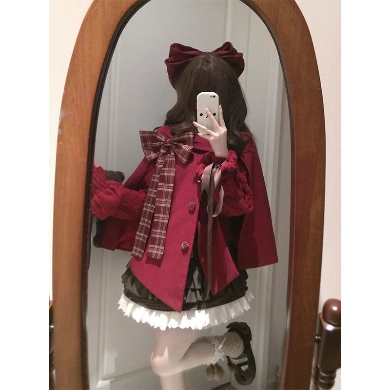 小个子圣诞氛围感蝴蝶结毛呢外套女秋冬季新款格纹蛋糕短裙两件套,女装/女士精品,时尚套装,淘宝优惠券,粉丝福利购,淘宝优惠卷