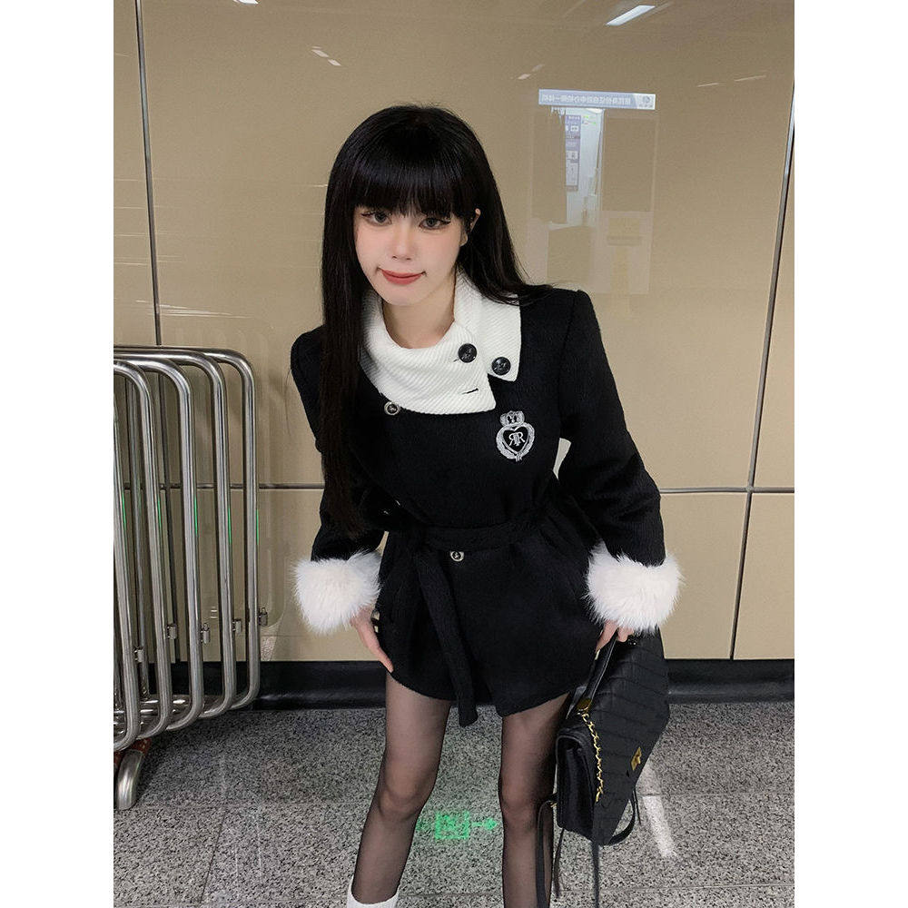 矜贵大小姐 黑色夹棉毛呢西装套装女冬季百搭韩系外套短裤两件套