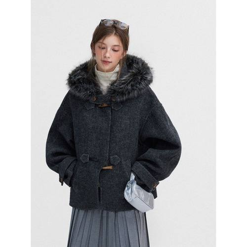 格雷女孩入冬 复古高级感不规则门襟连帽呢子大衣女2025冬季外套