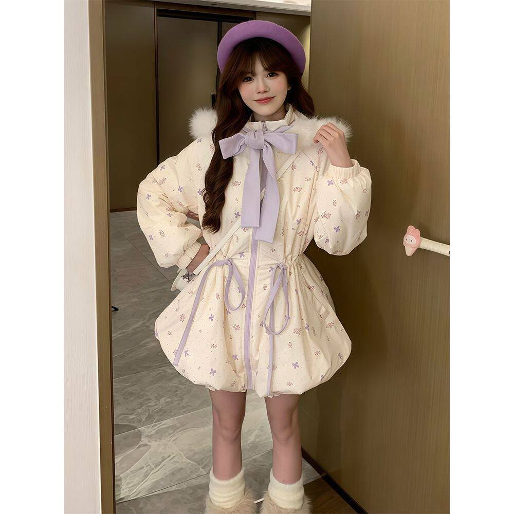 【紫芋丁香】甜美风碎花中长款棉服小个子冬季保暖清新抽绳外套女