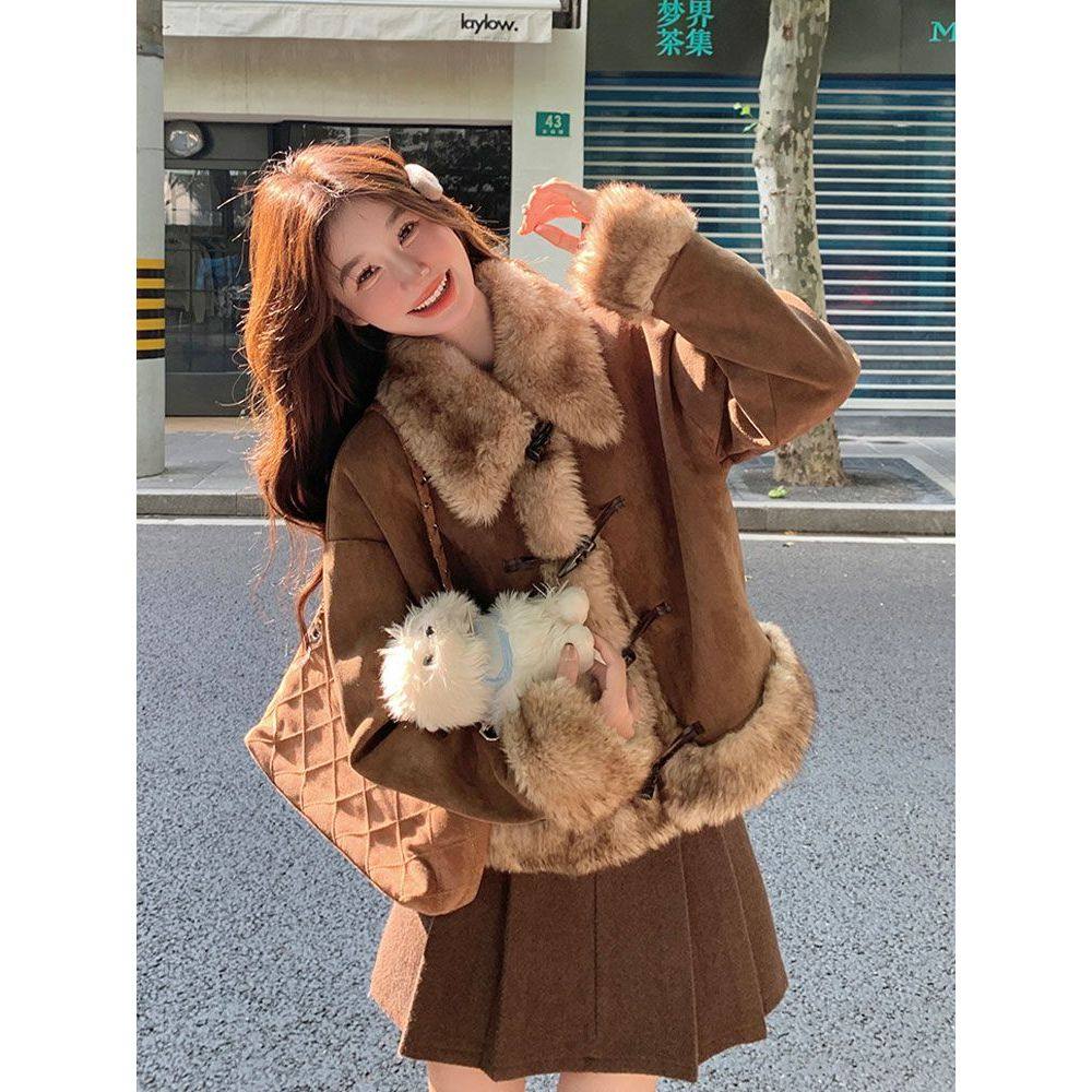 复古毛毛拼接麂皮绒外套女美拉德加厚独特超好看牛角扣外套+半裙,女装/女士精品,时尚套装,淘宝优惠券,粉丝福利购,淘宝优惠卷