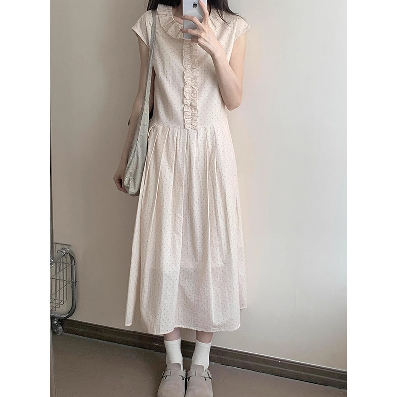 甜美粉色减龄娃娃领无袖连衣裙女夏季2025新款收腰显瘦波点长裙子