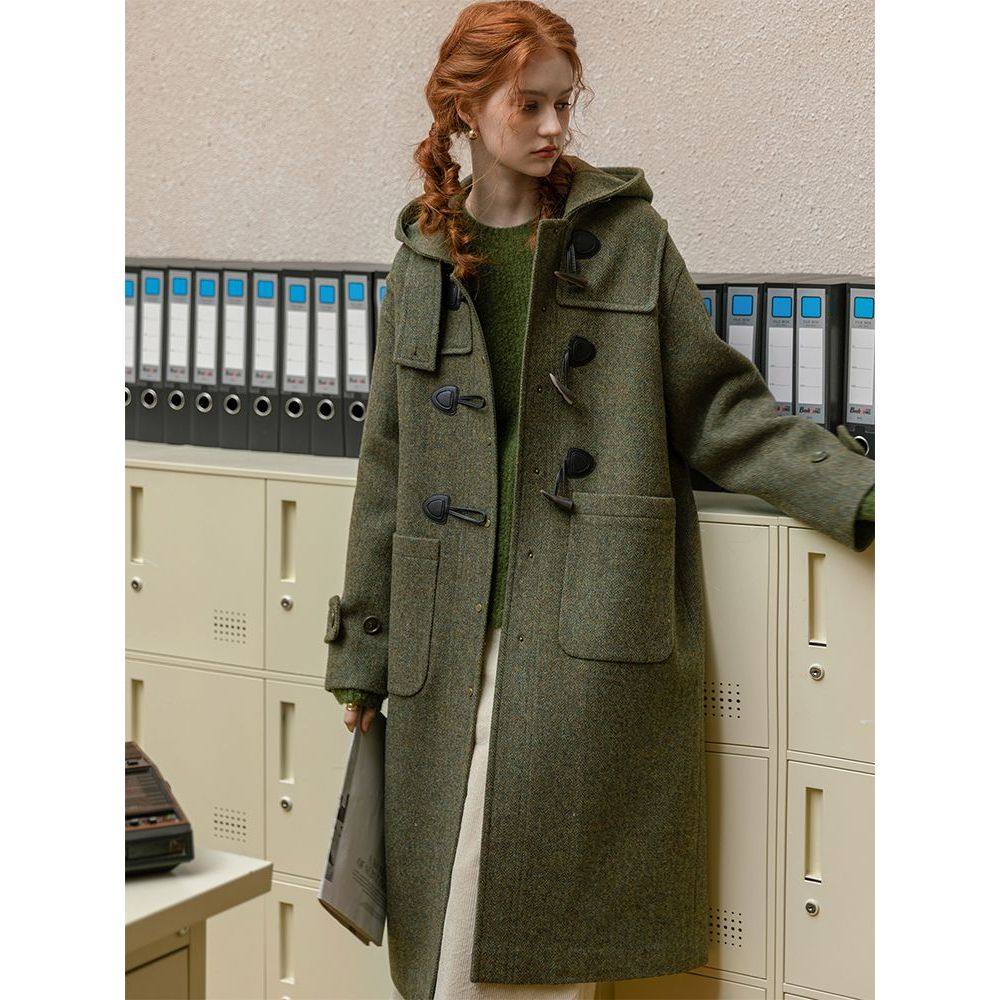 2025年新款宽松显瘦连帽牛角扣绿色呢子大衣中长款外套女冬季新款,女装/女士精品,毛呢外套,淘宝优惠券,粉丝福利购,淘宝优惠卷