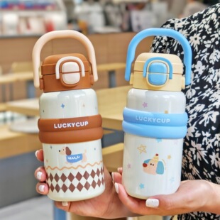 卡通弹盖双饮保温杯手提真空水杯带吸管两用水杯可爱学生杯子