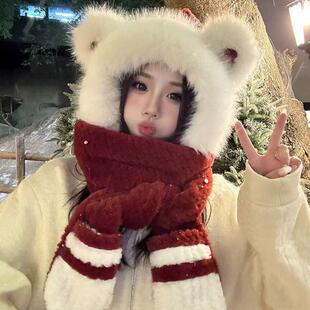 2025年新款冬季保暖防寒雷锋帽东北毛绒小熊帽子围巾手套一体女款