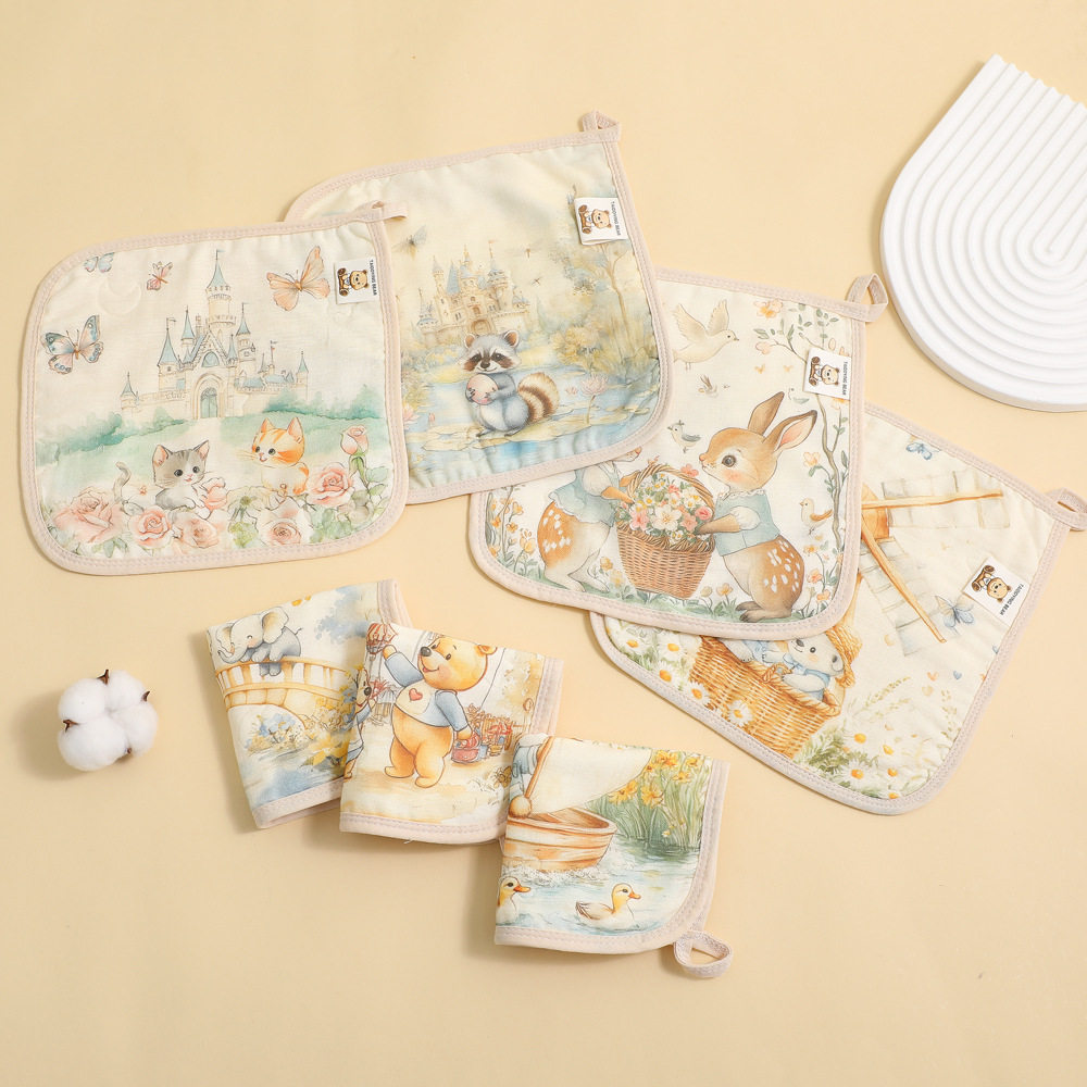 六层纱布口水巾婴儿棉纱方巾印花手帕柔软透气新生儿宝宝洗脸毛巾