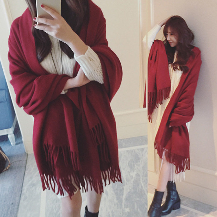 新款仿羊绒围巾日韩甜美纯色围巾女流苏保暖女士披肩围脖一件