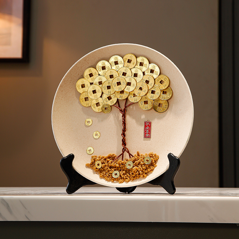 客厅办公室桌面硬币发财树盘子摆件电视柜酒柜摇钱树招财家居装饰