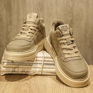 时尚品牌男鞋冬季天鹅绒暖高帮棉鞋男2025新款厚底防滑中帮休闲运