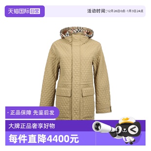 博柏利女士中长款 BURBERRY 格纹连帽秋冬菱格棉服外套 自营