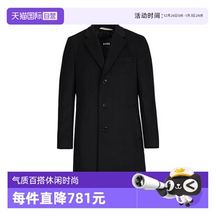 Boss男士 Hugo 纯色羊毛羊绒混纺翻领毛呢风衣大衣男装 自营