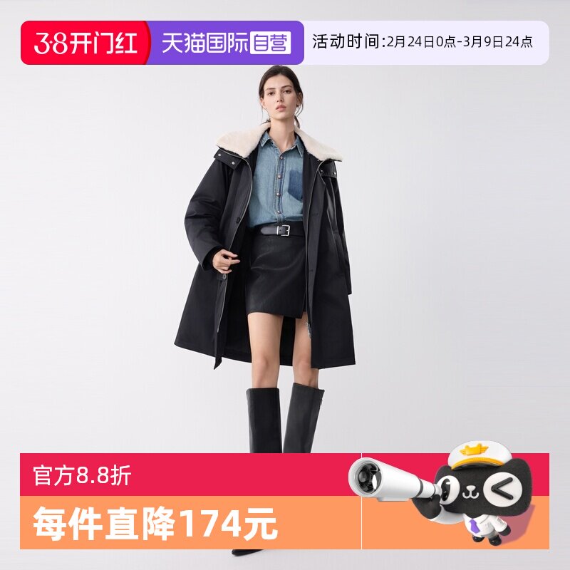 【自营】ELLE90白鸭绒黑色中长款羽绒服女2025冬新款保暖宽松外套