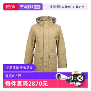 博柏利女士中长款 BURBERRY 格纹连帽秋冬菱格棉服外套 自营