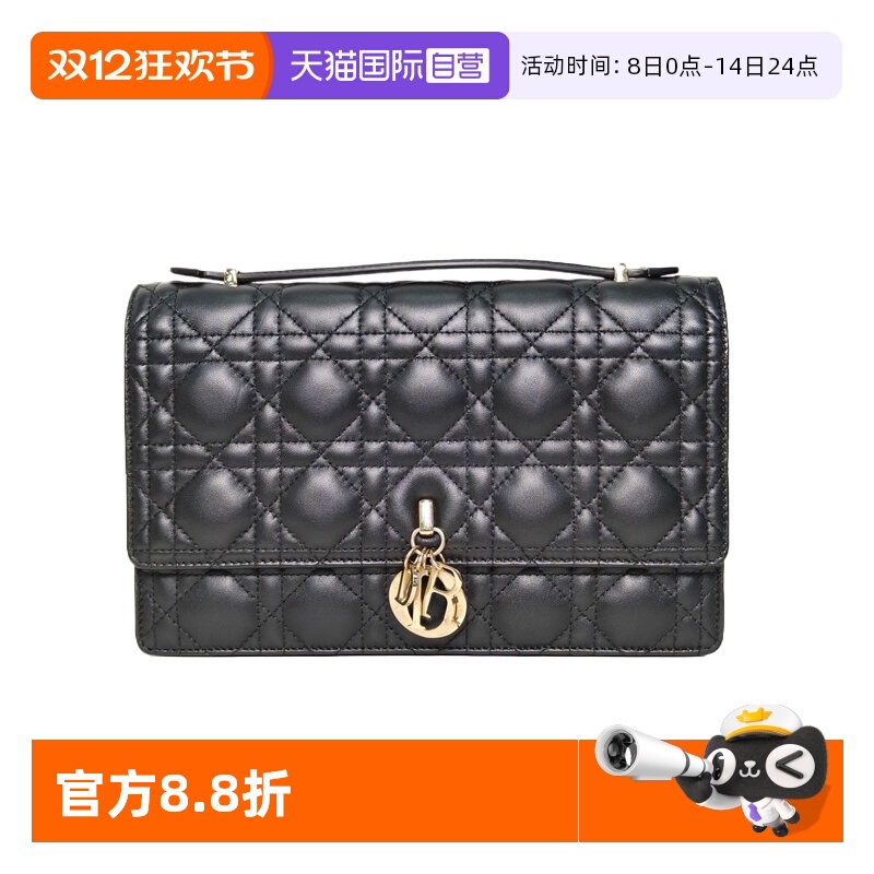 【自营】中古95新Dior/迪奥斜挎包Miss中号链条包黑色皮革S藤格纹