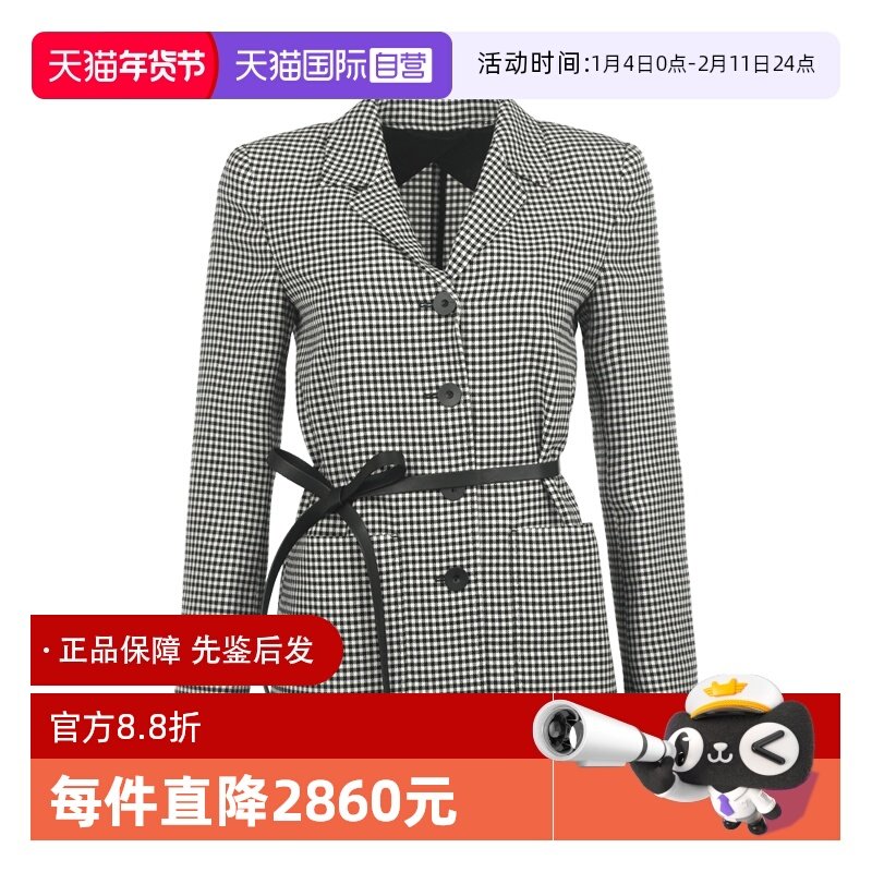 【自营】MaxMara女士薄款格纹翻领腰带西装外套羊毛休闲西便