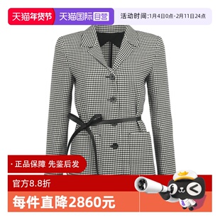 【自营】MaxMara女士薄款格纹翻领腰带西装外套羊毛休闲西便