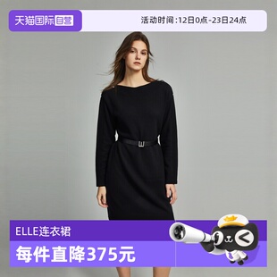 【自营】ELLE黑色设计感镂空系带连衣裙女2023秋装款气质显瘦裙子