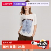 自营 ELLE法式 牛仔印花宽松短袖 女2025夏新款 纯棉别致上衣T恤