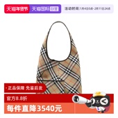BURBERRY 自营 博柏利女士格纹皮革饰边棉质大号单肩包hobo包