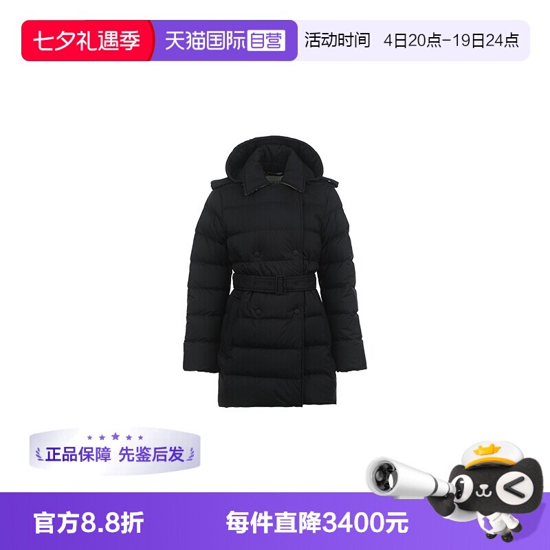 【自营】BURBERRY/博柏利女士双排扣连帽中长款保暖鹅绒羽绒服