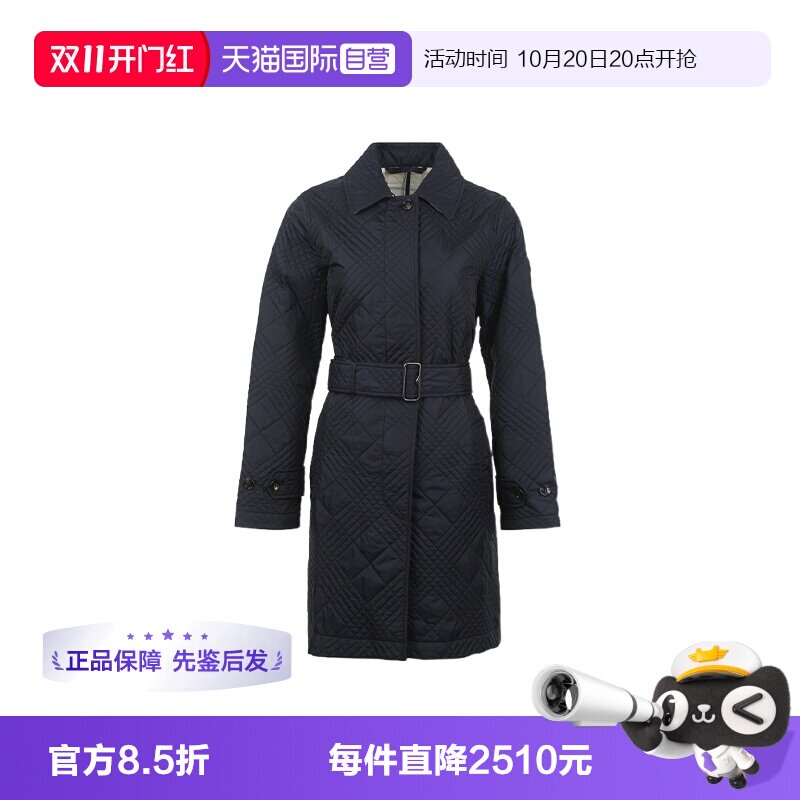 【自营】BURBERRY/博柏利女士格纹绗缝腰带饰翻领中长款防寒外套