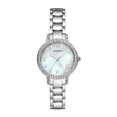 阿玛尼白月光贝母石英女表