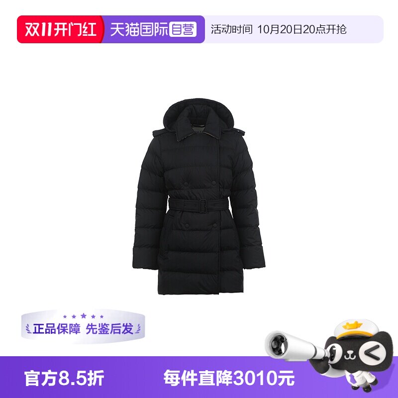 【自营】BURBERRY/博柏利女士双排扣连帽中长款保暖鹅绒羽绒服