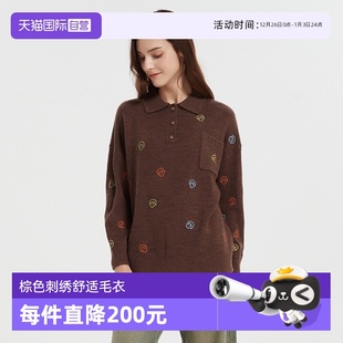 自营 棕色趣味图案刺绣毛衣 Petit 女 宽松 Bari复古翻领针织衫