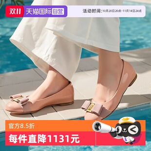 自营 单鞋 FERRAGAMO 女鞋 裸色 菲拉格慕女士光面蝴蝶结平底鞋