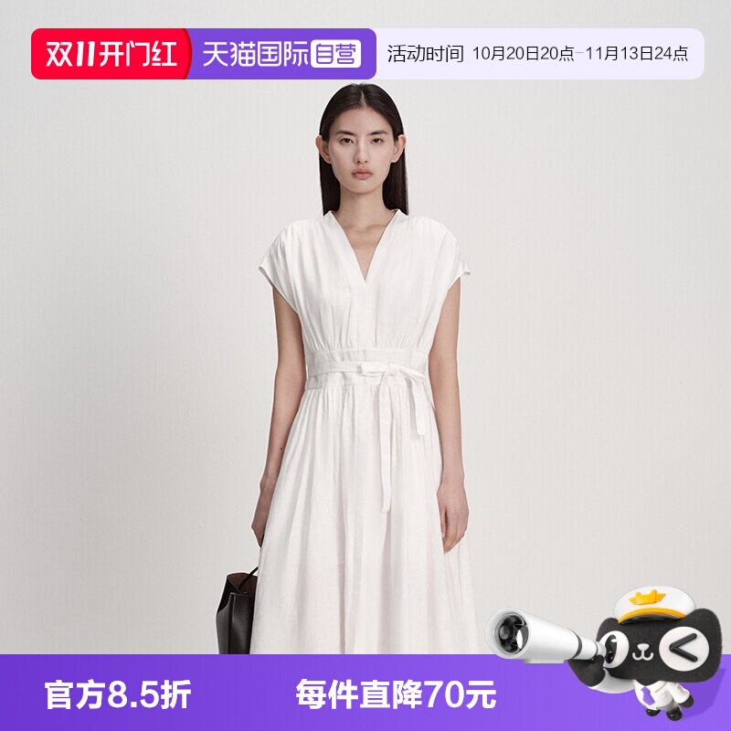 【自营】Marc O'Polo/MOP26夏季新款高支亚麻法式V领收腰连衣裙女