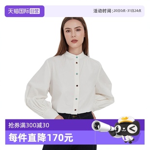 女士彩色紐扣燈籠袖 棉質(zhì) Petit Bari 襯衫 自營 小高領(lǐng)刺繡長袖