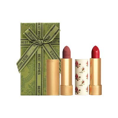 【自营】【礼盒】古驰双支口红套装 哑光金管小碎花绒雾唇膏滋润