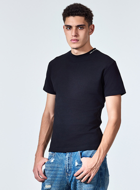 GENIUSCLUB新品美式潮流街头领口logo印花修身打底纯色印花T恤