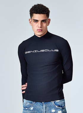 GENIUSCLUB新品美式潮流胸口印花赛车机能修身打底纯色印花长袖