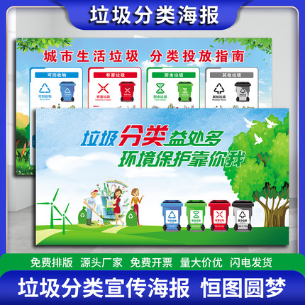 垃圾分类宣传栏投放指南海报绿色生活展板挂图生活公告栏文化墙贴