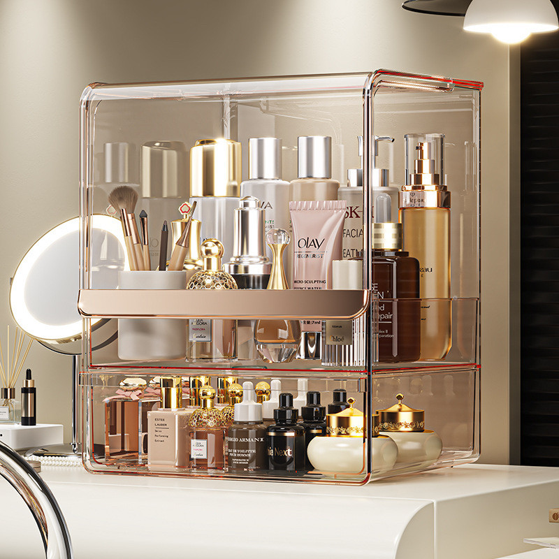 化妆品收纳盒桌面防尘梳妆台护肤品口红置物架透明亚克力整理箱柜
