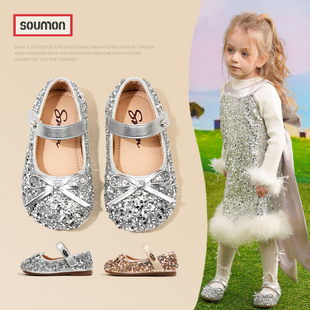女童皮鞋公主鞋亮片春秋新款软底女宝宝爱莎水晶鞋儿童演出鞋银色