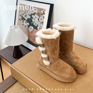 书萌儿童休闲软底雪地靴2026冬季新款女童皮带扣中筒保暖加绒棉靴
